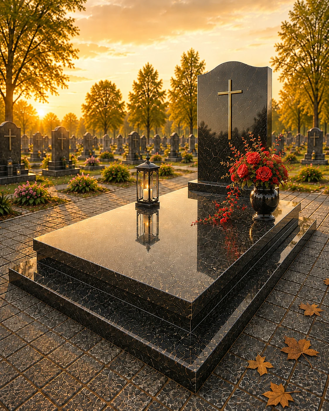 Elegancki nagrobek z czarnego kamienia na cmentarzu o zachodzie słońca